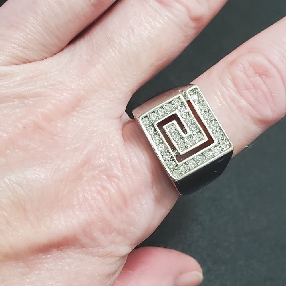 Silver tone square ring with rhinestones size 9